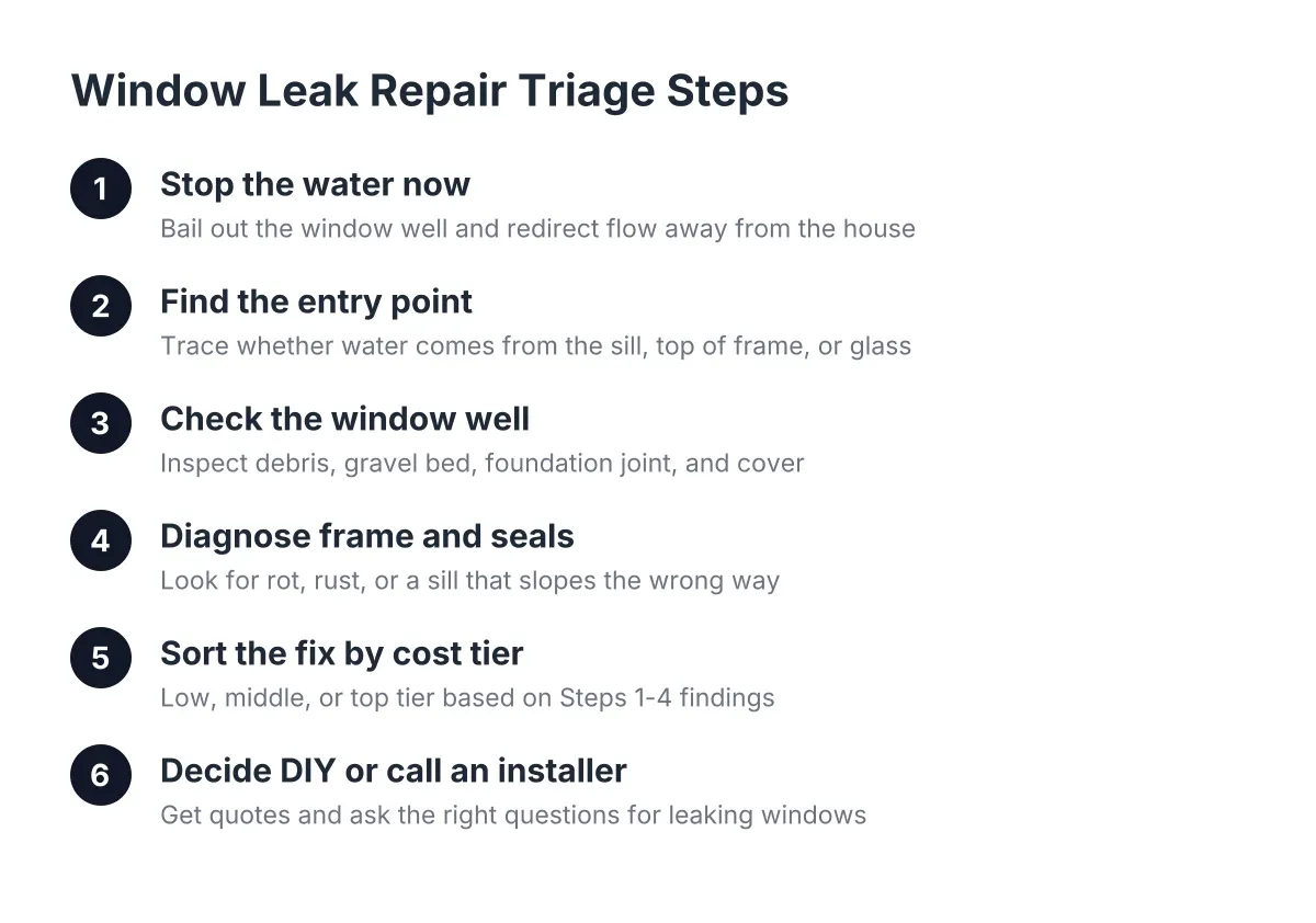 Diagram of six steps for diagnosing and fixing a basement window leak repair