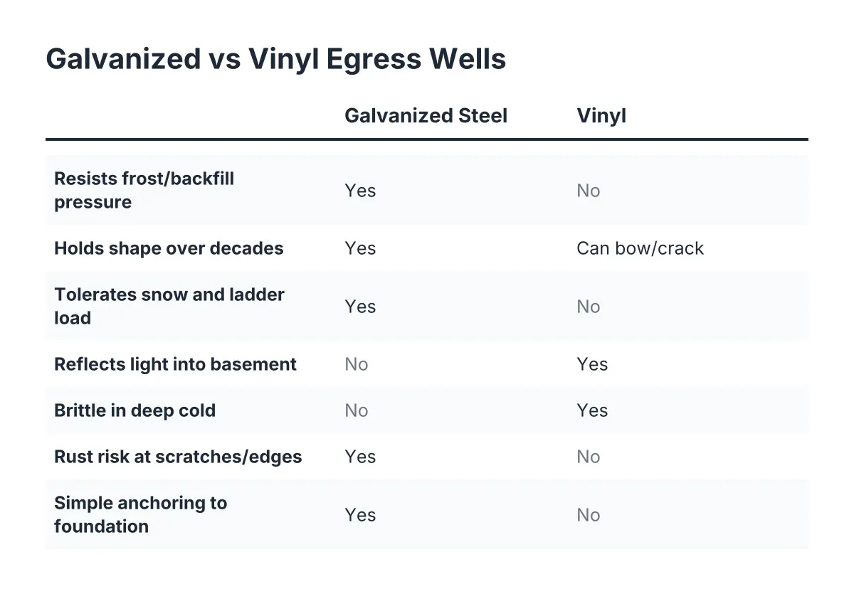 Comparison chart of galvanized vs vinyl egress window wells for Minneapolis basements