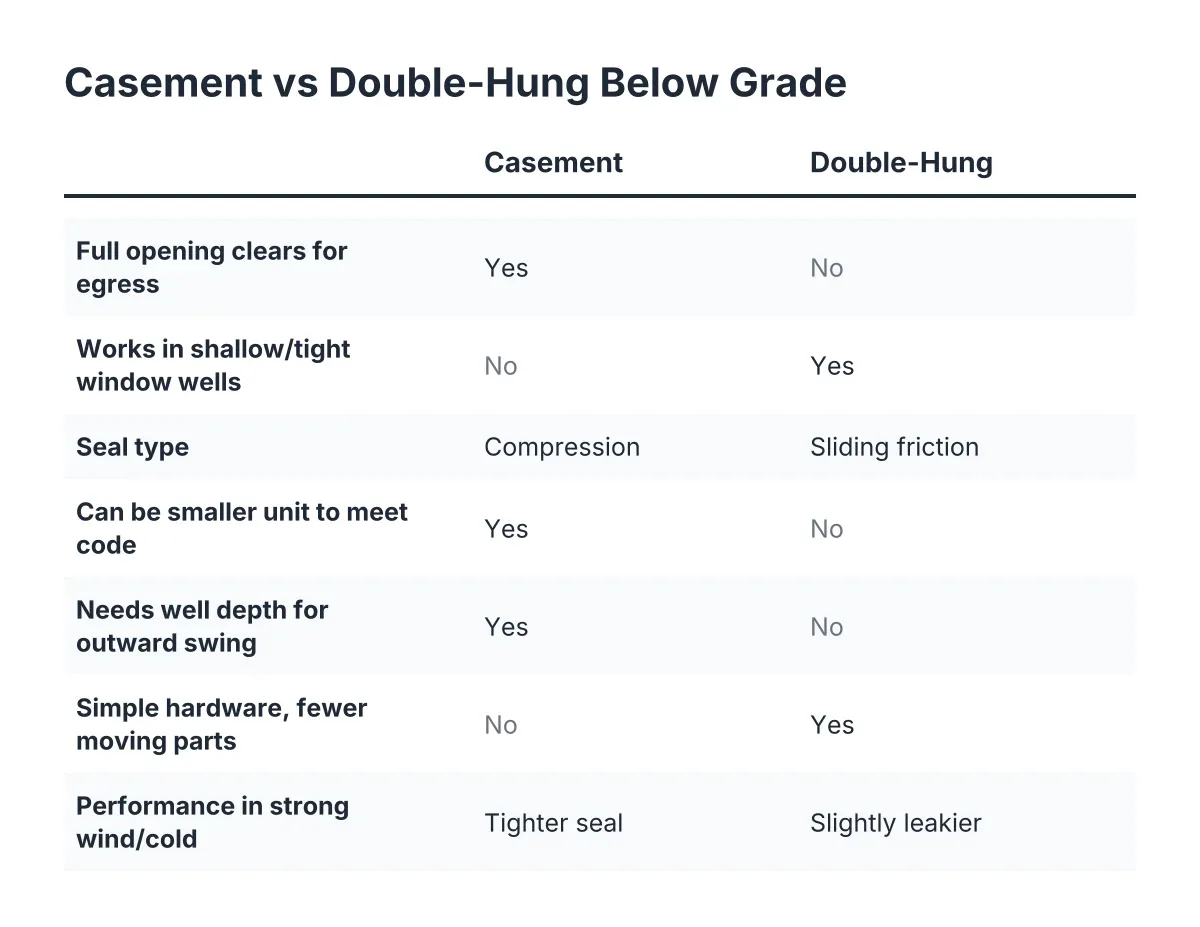 Comparison checklist of casement vs double-hung egress basement windows