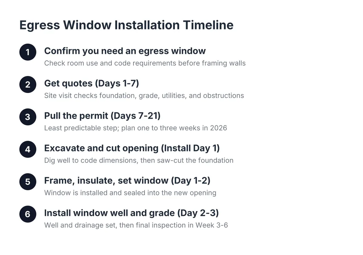 Step-by-step timeline diagram of egress window installation stages in Minneapolis