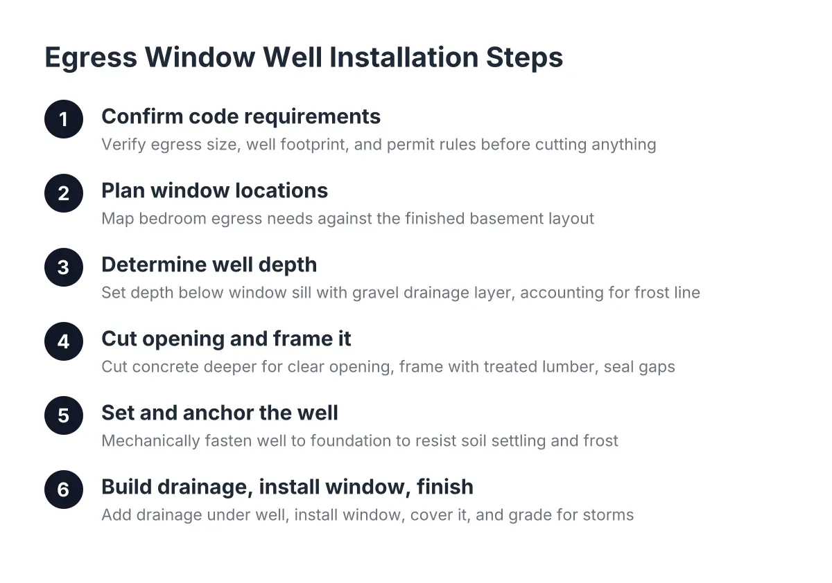 Diagram of egress window well installation steps and depth requirements process
