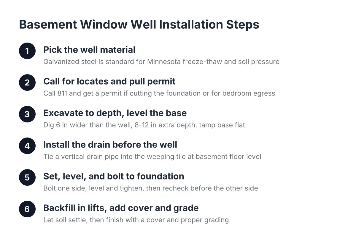 Step sequence diagram for basement window well installation in Minneapolis homes