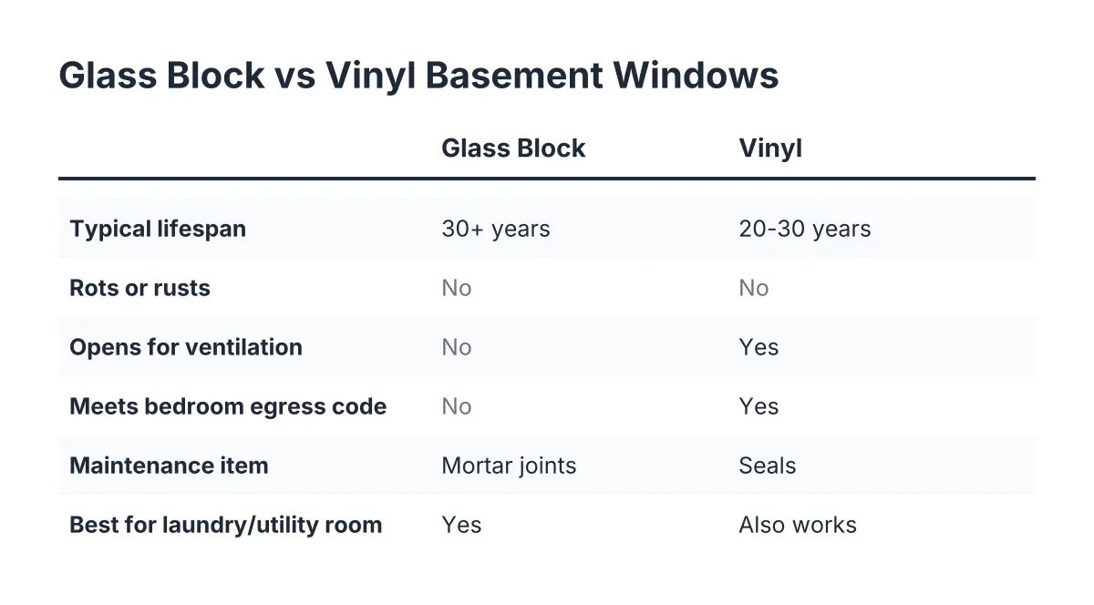 Comparison of glass block window lifespan versus vinyl basement window lifespan and egress code