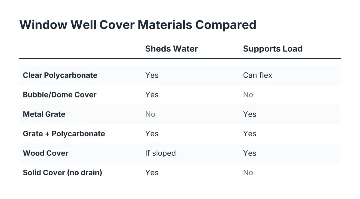Comparison chart of window well cover materials for water and load protection