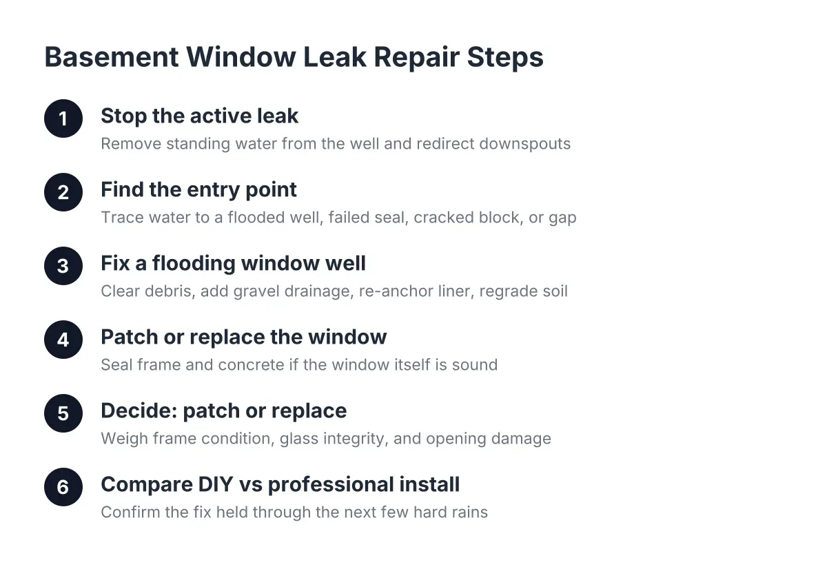 Step-by-step process for diagnosing and repairing a leaking basement window