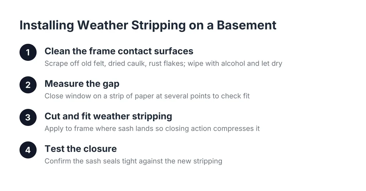 Steps for installing weather stripping on a small basement window